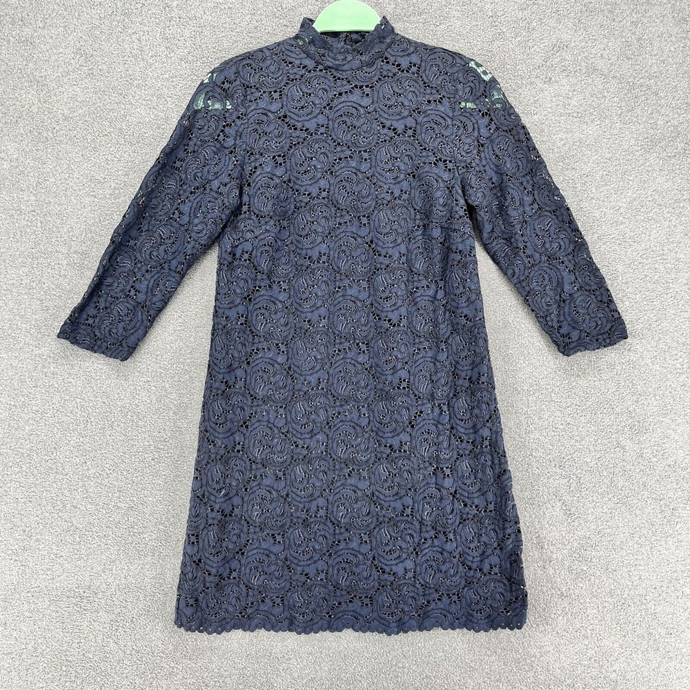 ZARA Lace Dress womens Size XS Navy Blue Floral high neck long sleeves lined